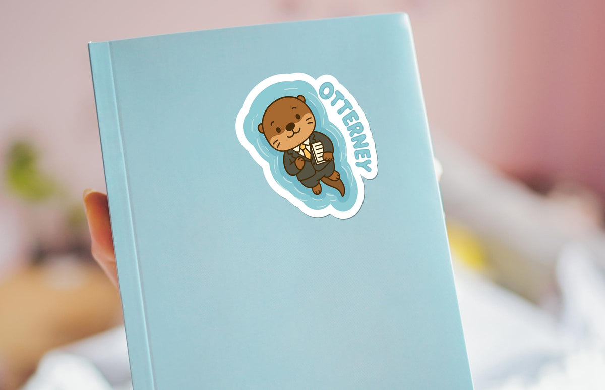 Otterney sticker, cute otter attorney swimming on back in suit – view 4