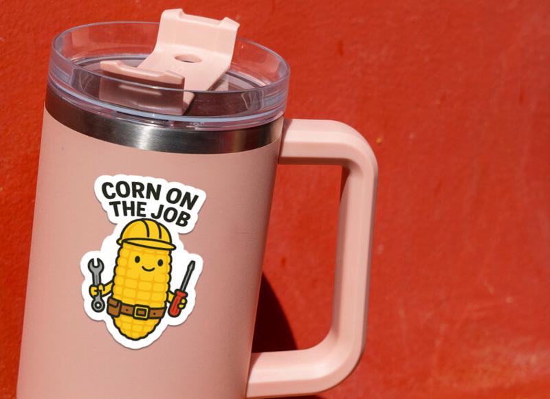 Corn on the Job sticker, funny corn pun with hardhat and tools – view 4