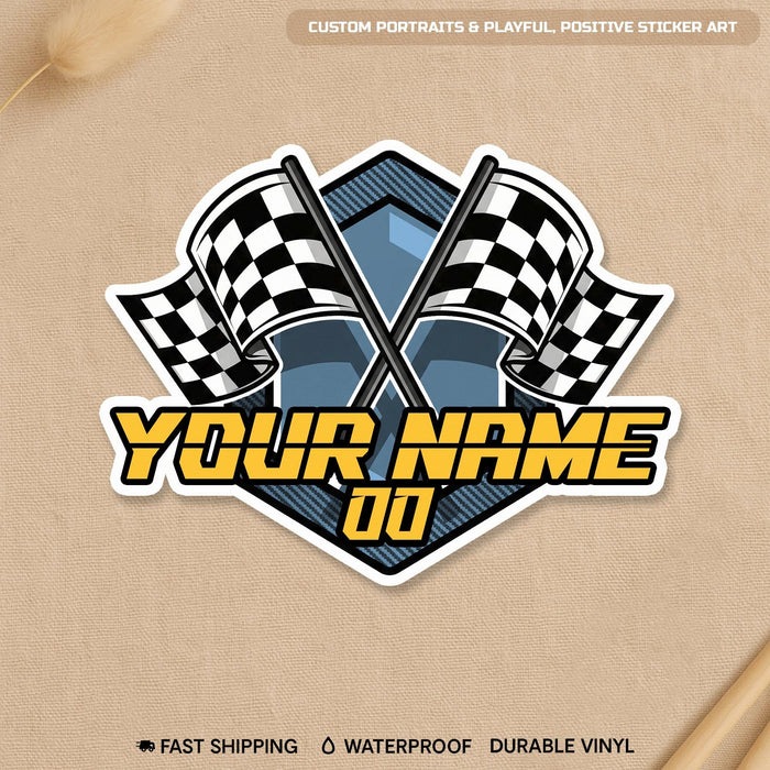 Custom checkered flag letters sticker with a name and number