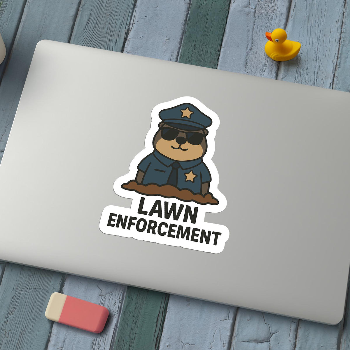 Lawn Enforcement Mole sticker, funny police pun design – view 4