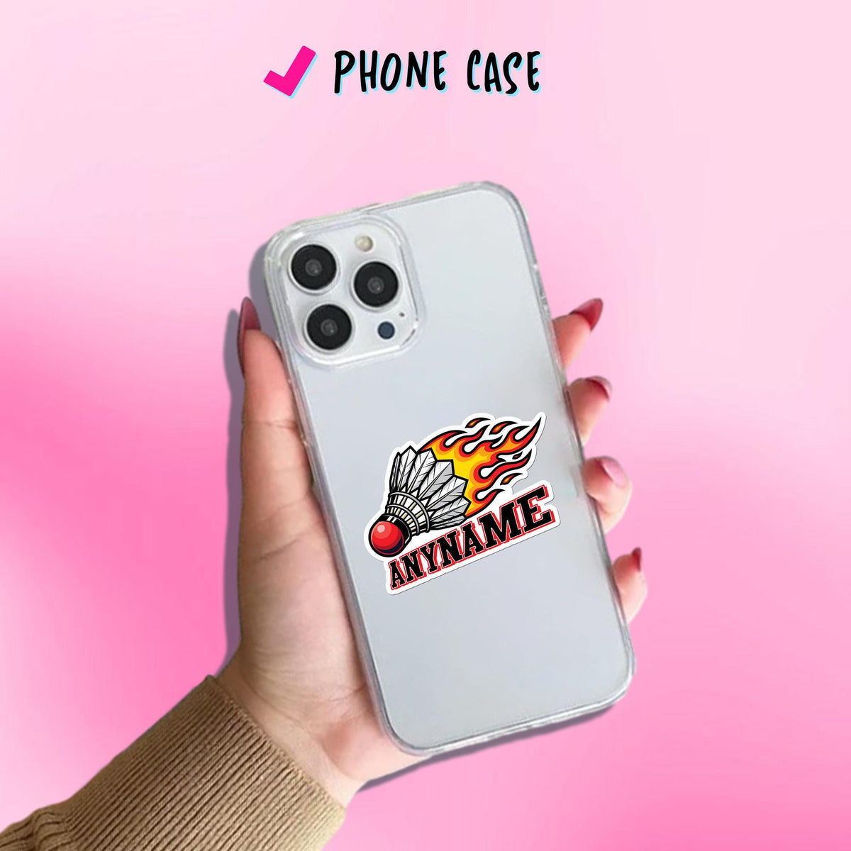 Custom badminton sticker with flames and a name – view 6