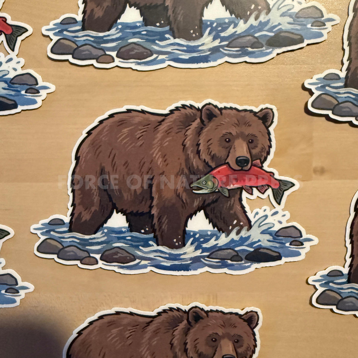 Brown Bear sticker, grizzly bear catching salmon – view 2