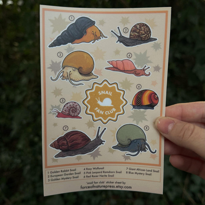 Snail Fan Club sticker sheet, cute gastropod