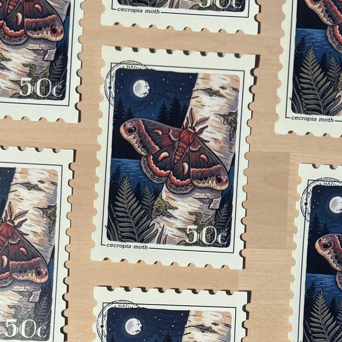 Cecropia Moth Stamp sticker, vintage postage stamp design – view 3