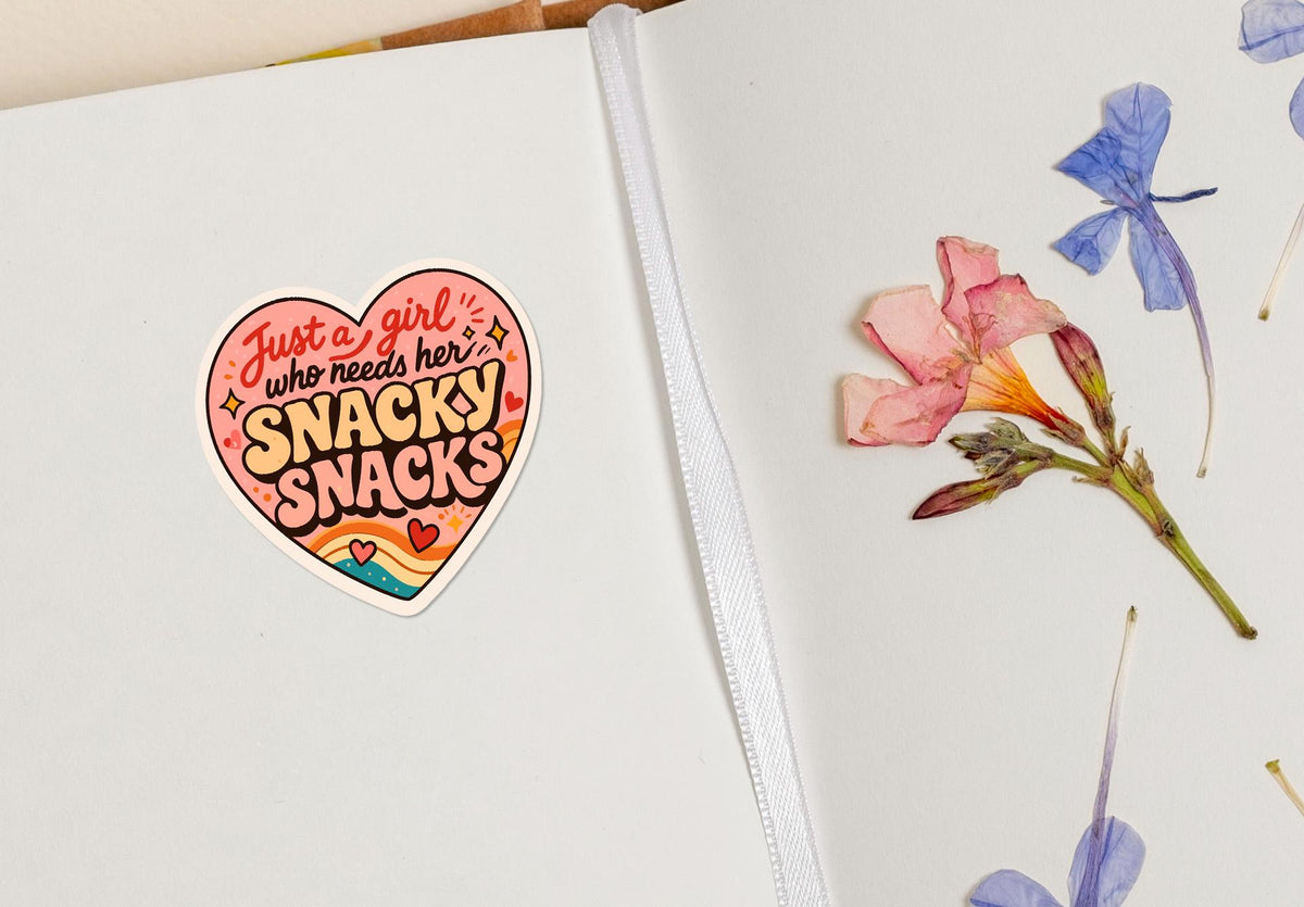 Just a Girl Who Needs Her Snacky Snacks sticker, retro food humor – view 4