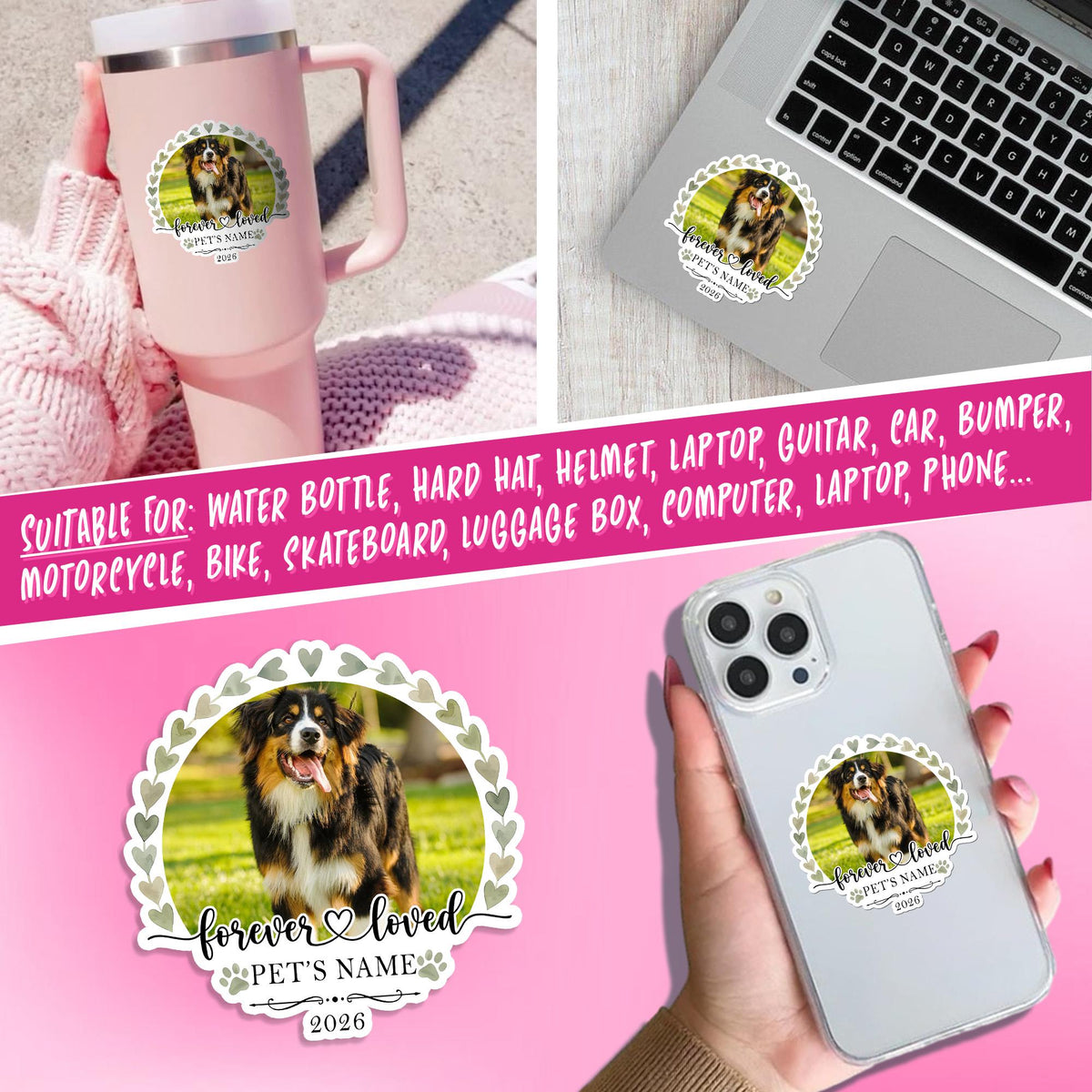 Custom pet memorial photo sticker with a name, years and Forever Loved – view 6