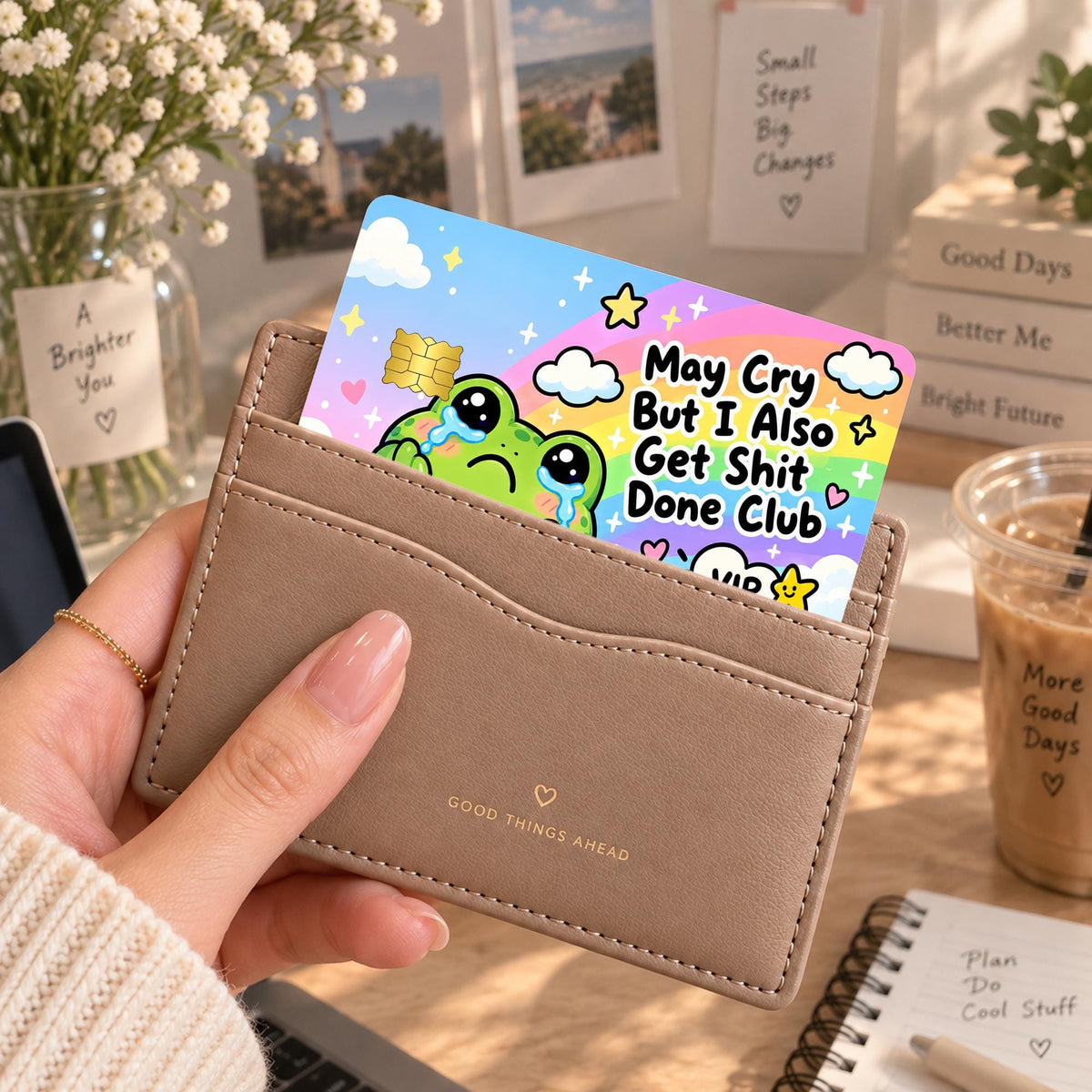 Crying frog funny card skin with rainbow, stars and VIP member text – view 2