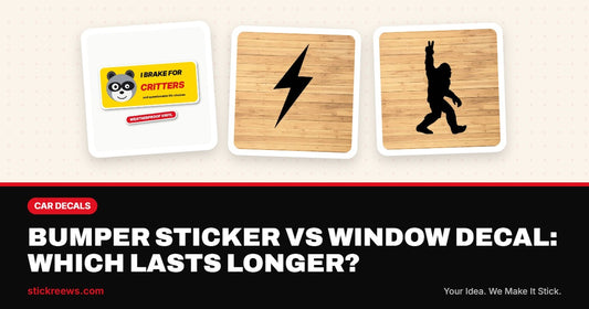 Bumper sticker vs window decal blog banner with a raccoon bumper sticker, lightning bolt decal and Bigfoot decal