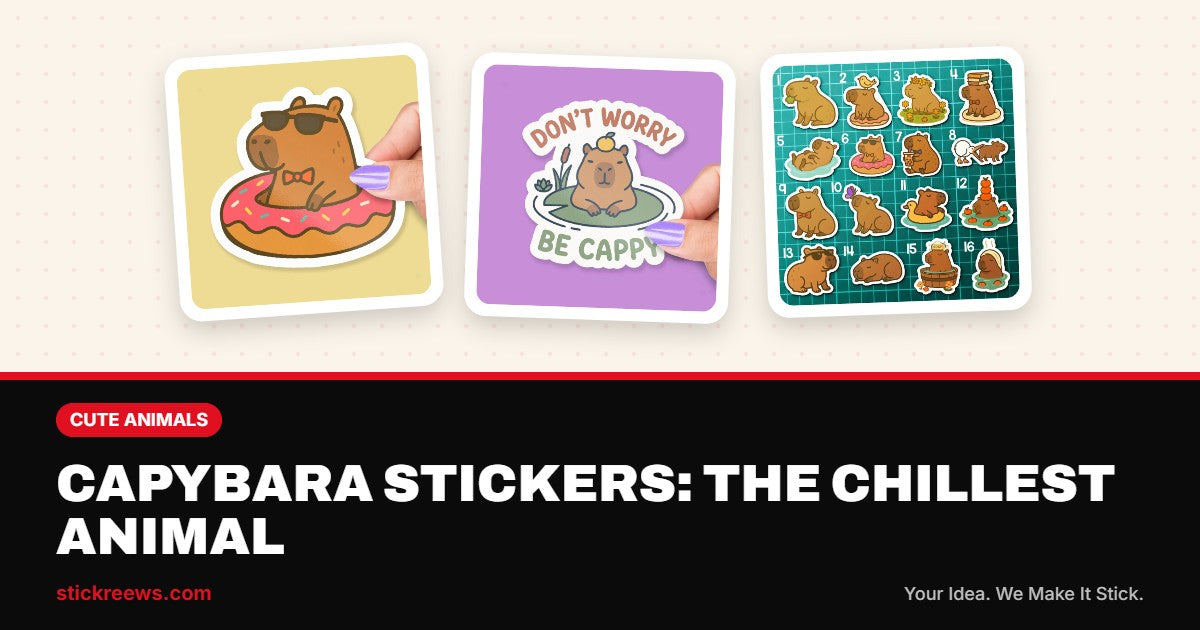 Capybara stickers blog banner with donut floatie capybara, Don’t Worry Be Cappy sticker and capybara sticker sheet