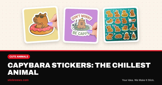 Capybara stickers blog banner with donut floatie capybara, Don’t Worry Be Cappy sticker and capybara sticker sheet