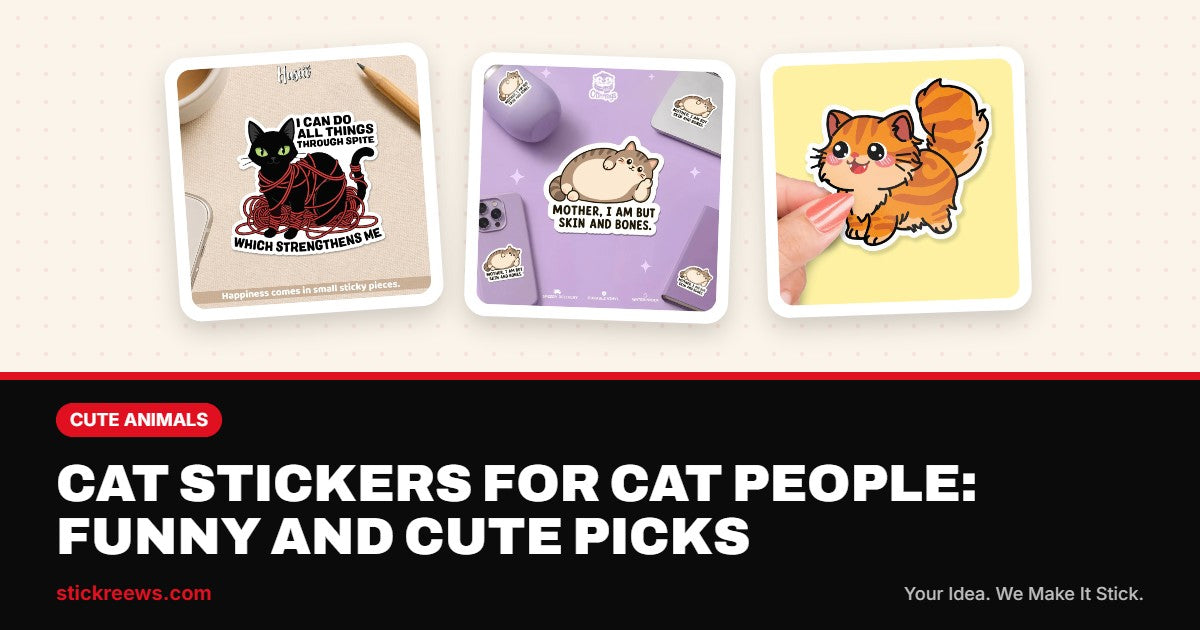 Cat stickers banner with spite cat, chubby cat and kawaii orange cat stickers from Stickreews