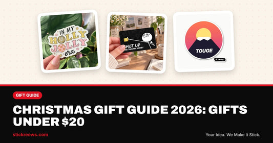 Christmas gift ideas under $20 banner with a holiday sticker, funny card skin and car decal from Stickreews