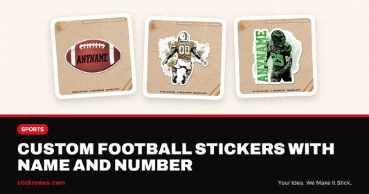 Custom football stickers blog banner with name and number football, gold player and team spirit sticker designs