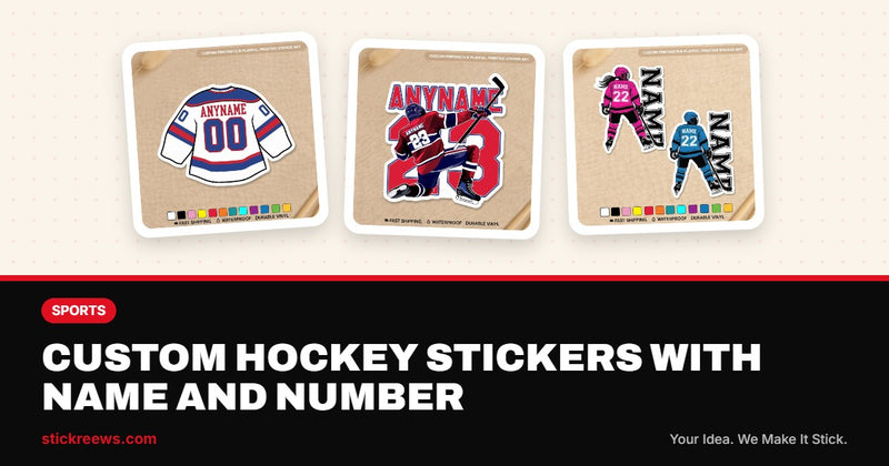 Custom hockey stickers banner with personalized jersey, two-color player decal and skater name and number stickers