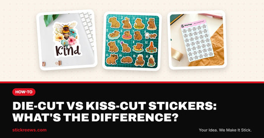 Die-cut vs kiss-cut stickers banner with Be Kind die-cut sticker, Capybara Pack sticker sheet and You Rock mini sticker sheet