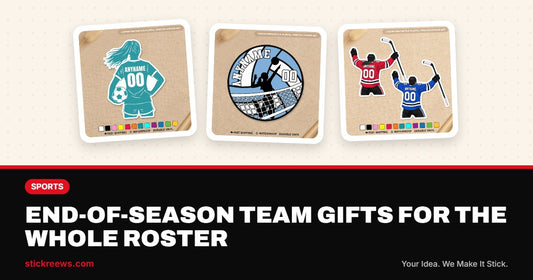 End-of-season team gifts banner with custom soccer, volleyball and hockey name and number stickers from Stickreews