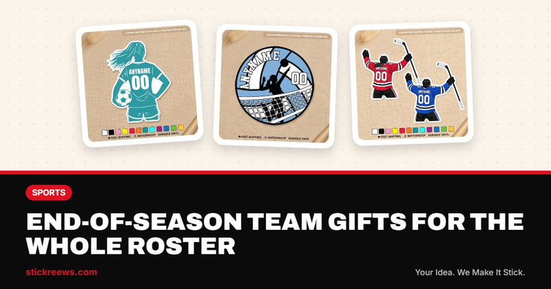 End-of-season team gifts banner with custom soccer, volleyball and hockey name and number stickers from Stickreews