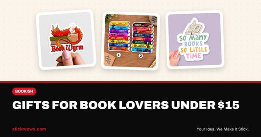 Gifts for book lovers under $15 banner with Book Wyrm sticker, officially licensed Dungeon Crawler Carl book stack sticker and So Many Books sticker