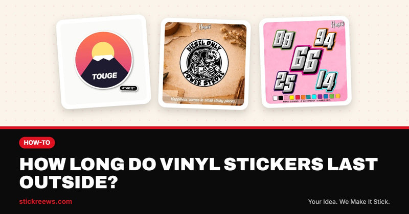 How long do vinyl stickers last outside banner with Mt. Fuji Touge Sunset decal, Diesel Only skeleton sticker and custom racing number decals