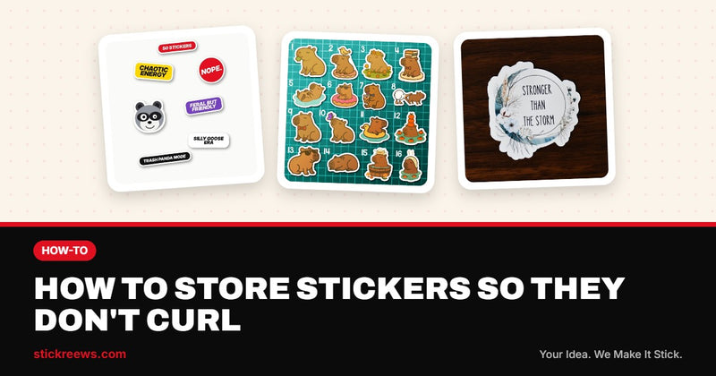 How to store stickers banner with a meme sticker pack, a capybara sticker sheet and a Stronger Than the Storm sticker