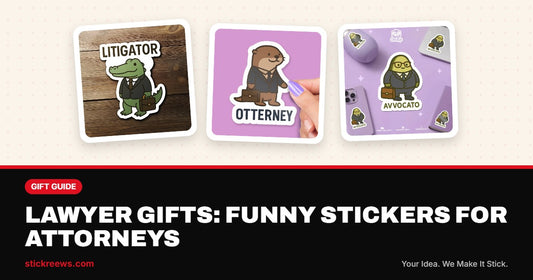 Lawyer gifts banner with Litigator alligator, Otterney otter and Avvocato avocado lawyer pun stickers