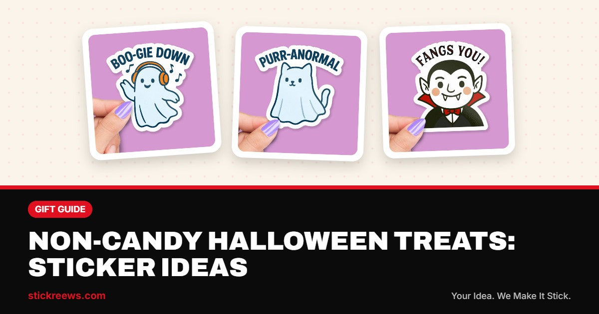 Non-candy Halloween treats banner with ghost, ghost cat and vampire vinyl stickers