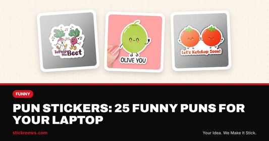 Pun stickers blog banner with Turnip the Beet, Olive You and Let’s Ketchup Soon die-cut vinyl stickers