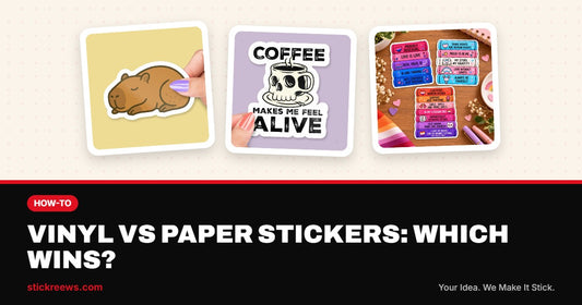 Vinyl vs paper stickers blog banner with sleeping capybara, coffee skull and pride book stack vinyl stickers