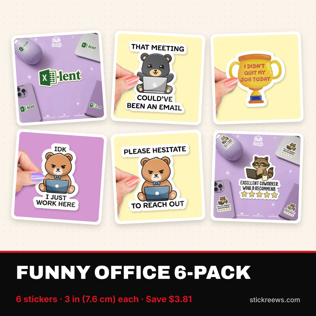 Funny Office 6-Pack — six office humor stickers, 3 in vinyl, by Stickreews