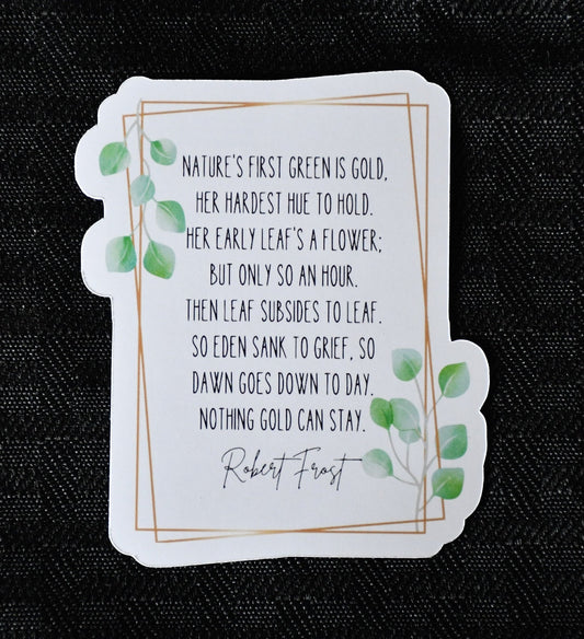 Robert Frost Quote sticker, uplifting green boho leaves