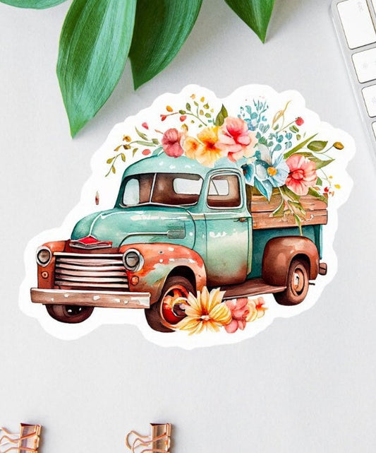 Blue Truck with Flowers sticker
