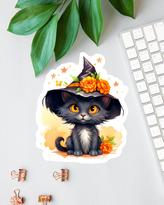 Floral Cat sticker, black cat