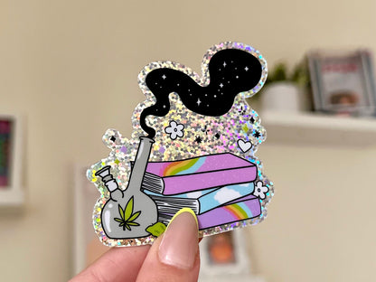 Books & Bongs Glitter sticker, bud lady