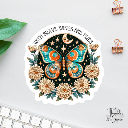 With Brave Wings She Flies sticker, womens rights