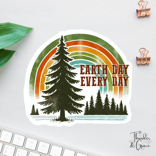 Earth Day sticker, retro rainbow forest