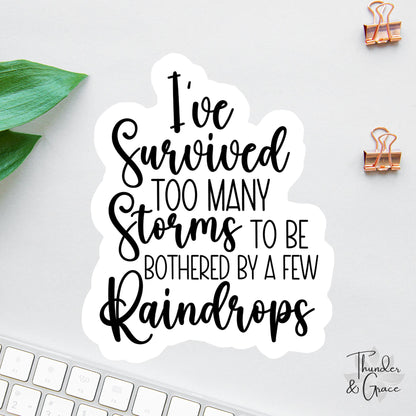 I've Survived Too Many Storms sticker, warrior quote