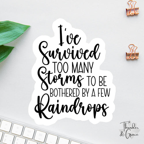 I've Survived Too Many Storms sticker, warrior quote