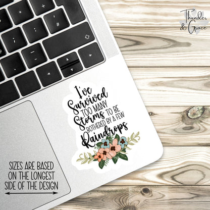 I've Survived Too Many Storms sticker, empowering quote – view 2