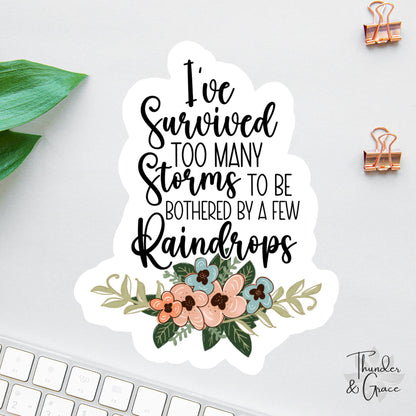 I've Survived Too Many Storms sticker, empowering quote