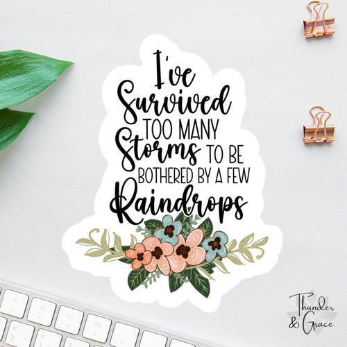 I've Survived Too Many Storms sticker, empowering quote