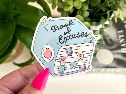 Book of Excuses sticker, cute mental health