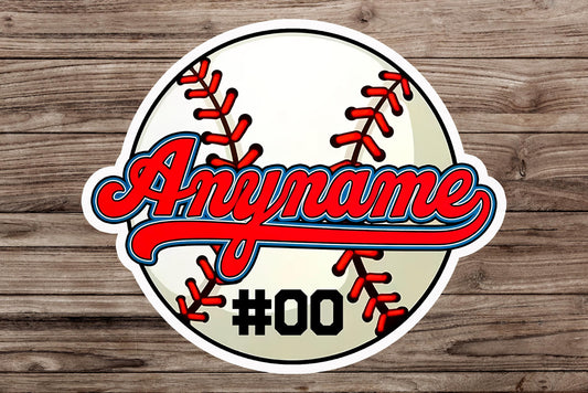 Custom baseball sticker with a red script name and number on a baseball