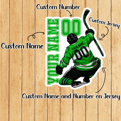 Custom hockey jersey back sticker with a name, number and jersey color