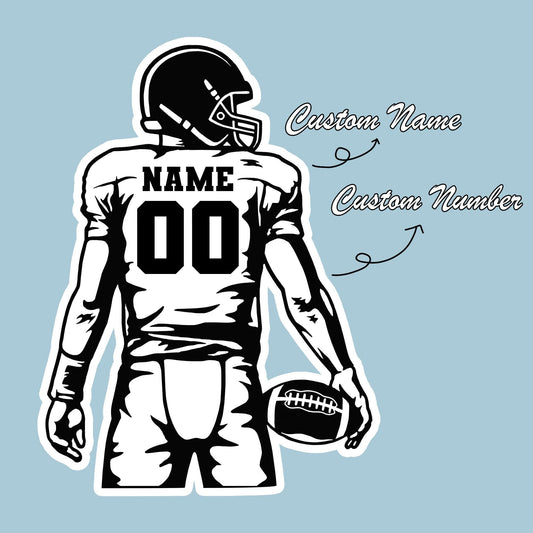 Custom die-cut football player sticker with a name and number