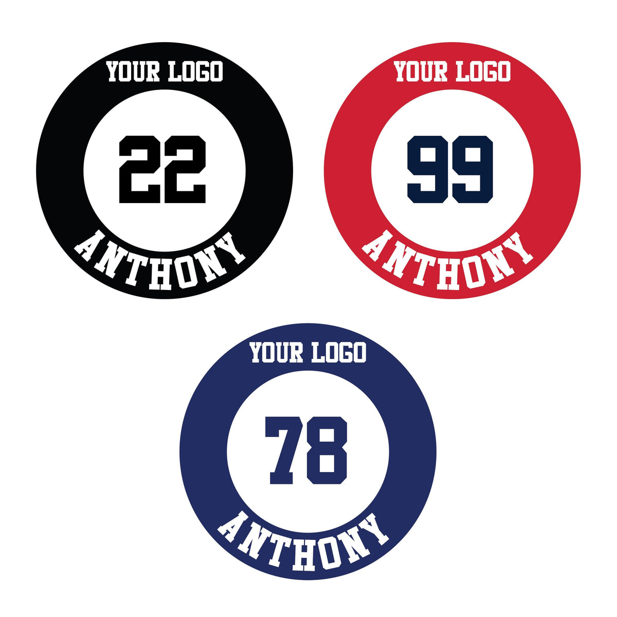 Custom round bat knob stickers with a number and name