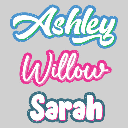 Custom 90s aesthetic name stickers with colorful layered borders