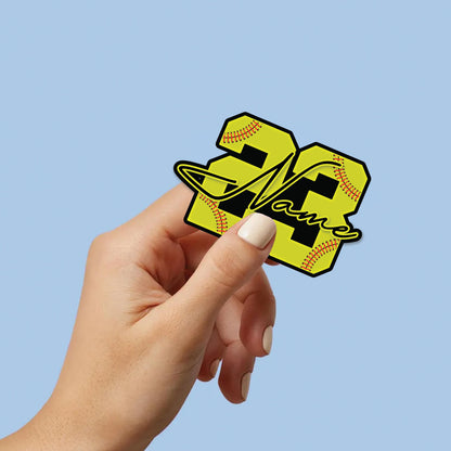 Custom softball sticker with a yellow stitched number and a script name – view 5