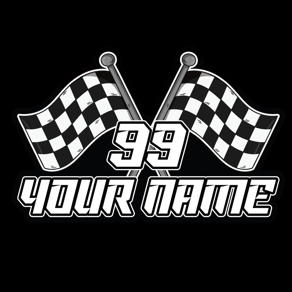 Custom racing sticker with a name and number in a bold race font