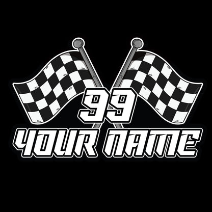 Custom racing sticker with a name and number in a bold race font