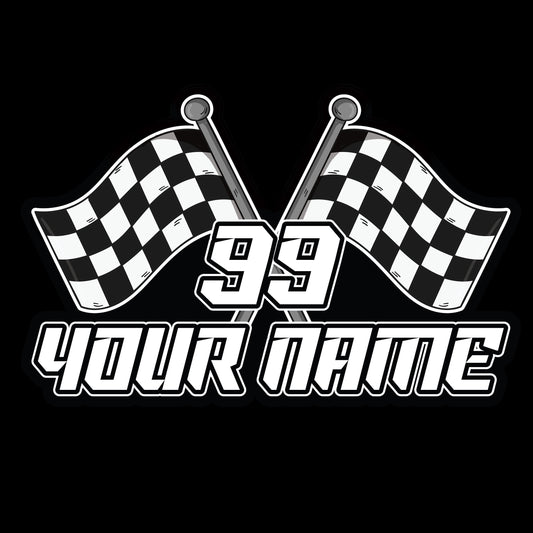 Custom racing sticker with a name and number in a bold race font